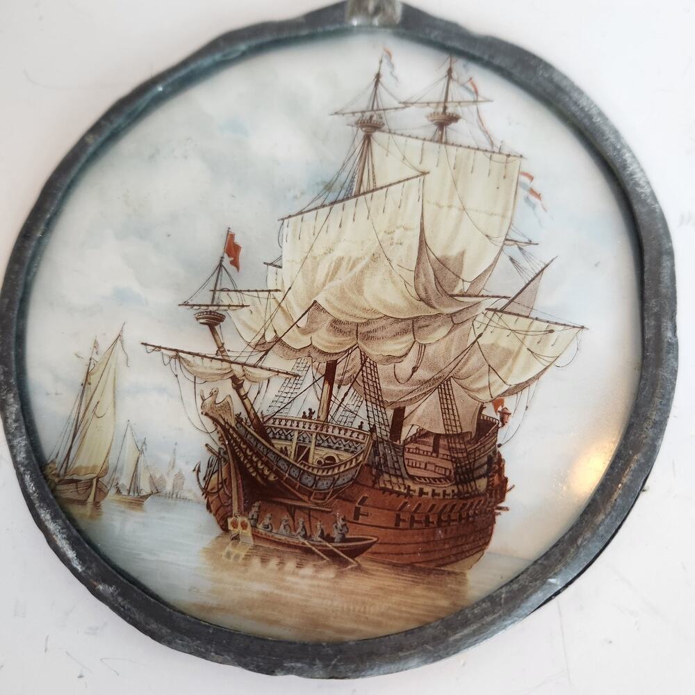 Antique 1910 Reverse-Paint Glass Galleon Ship Scene Edwardian Wall Decor Plaque